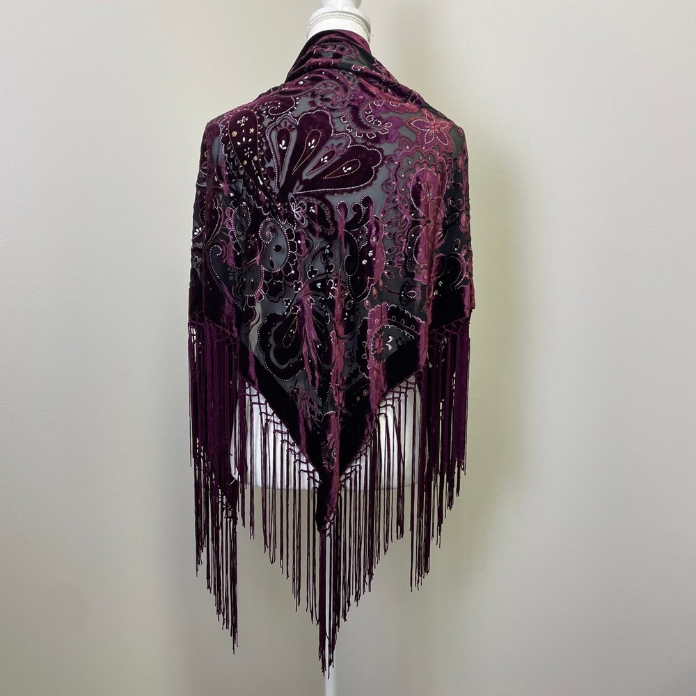 Plum Purple Burnout Velvet Silk Blend Paisley Fringe Wrap Shawl Scarf